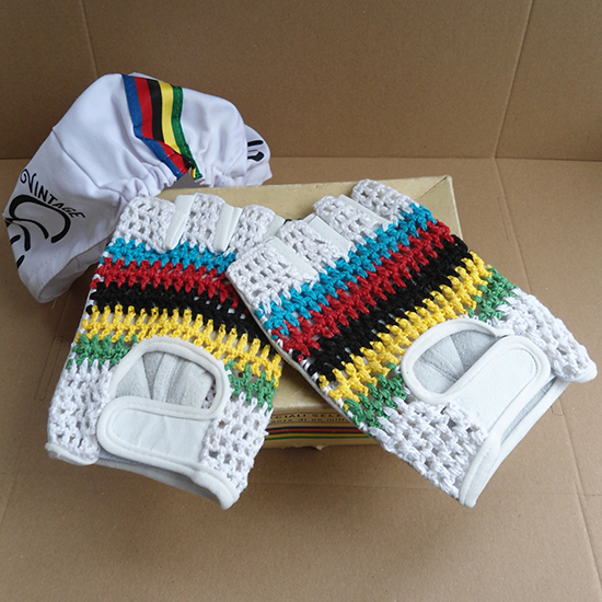 Vintage style Leather cycling gloves World champion stripes 